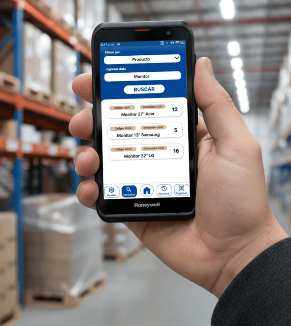 Aplicación del software de inventario DMS Perú ejecutándose en un dispositivo Honeywell dentro de un almacén.