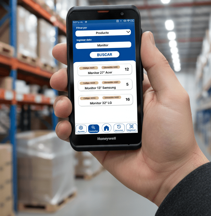 Aplicación del software de inventario DMS Perú ejecutándose en un dispositivo Honeywell dentro de un almacén.