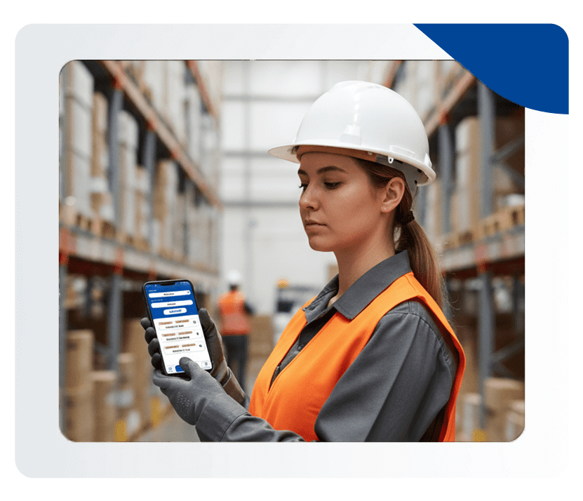Operaria de almacén usando software de inventario DMS Perú desde su smartphone para registrar productos.