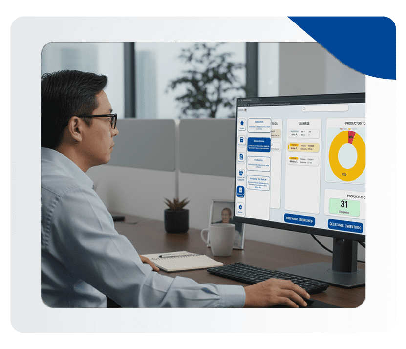 Ejecutivo gestionando el software de inventario de almacén DMS Perú desde su computadora con reportes inteligentes.