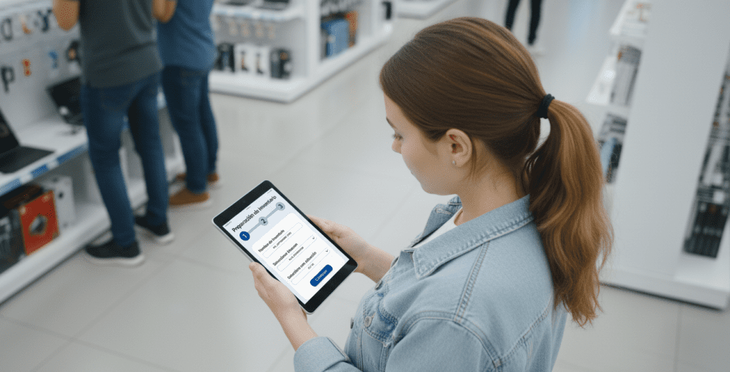 Trabajadora verificando inventario con una tablet mediante el software de inventario DMS Perú.