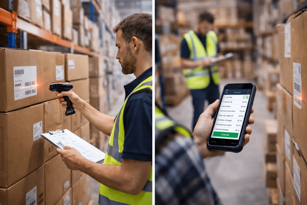 Empleado realizando toma de inventario en almacén utilizando escáner de código de barras para control de stock