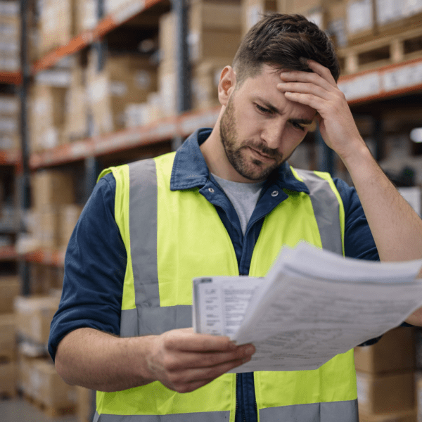 Trabajadores realizando conteo manual de inventario en almacén con errores y retrasos en el control de stock