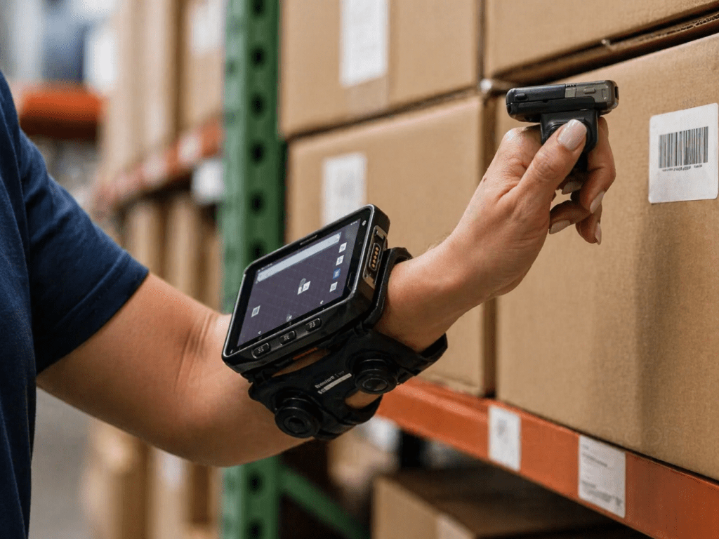 Terminal corporal wearable utilizada para picking y escaneo de códigos de barras en almacén logístico
