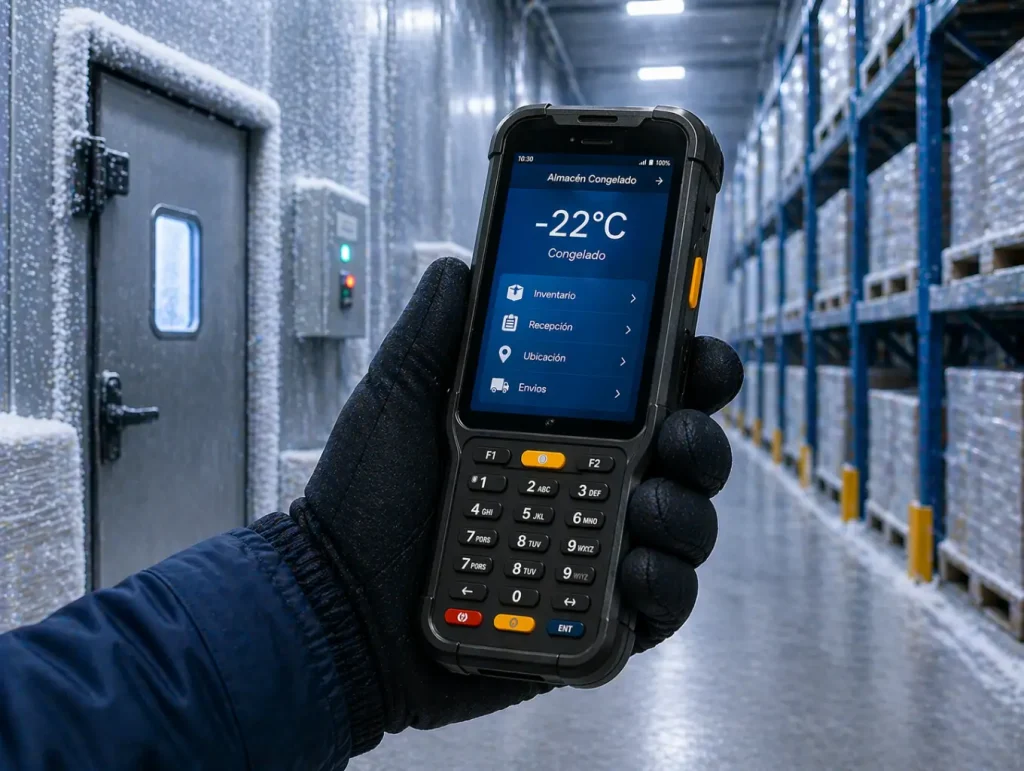 Terminal móvil industrial utilizada para inventario y captura de datos en almacenes congelados