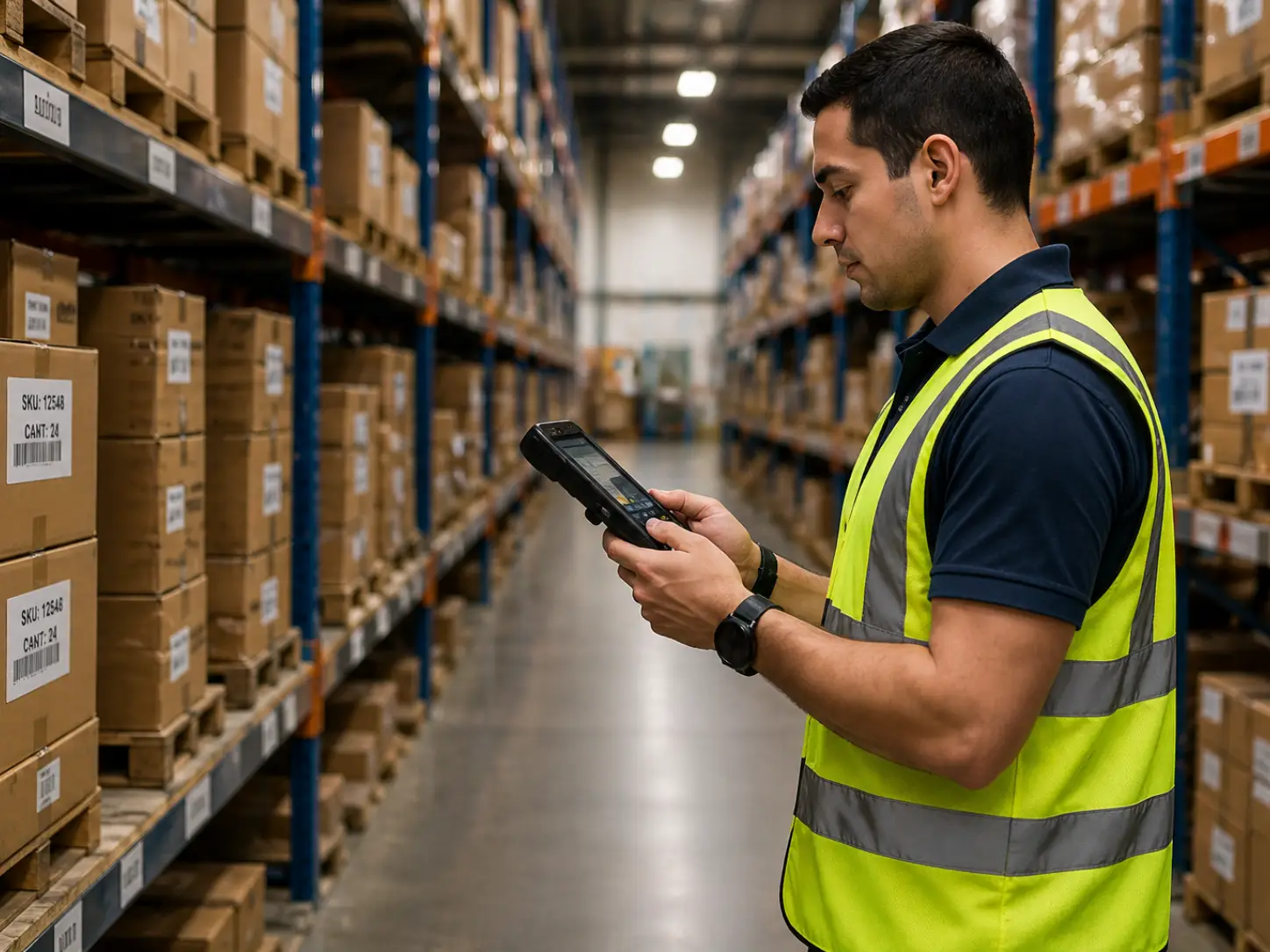 Operador utilizando terminal móvil industrial para gestión de inventario en almacén logístico