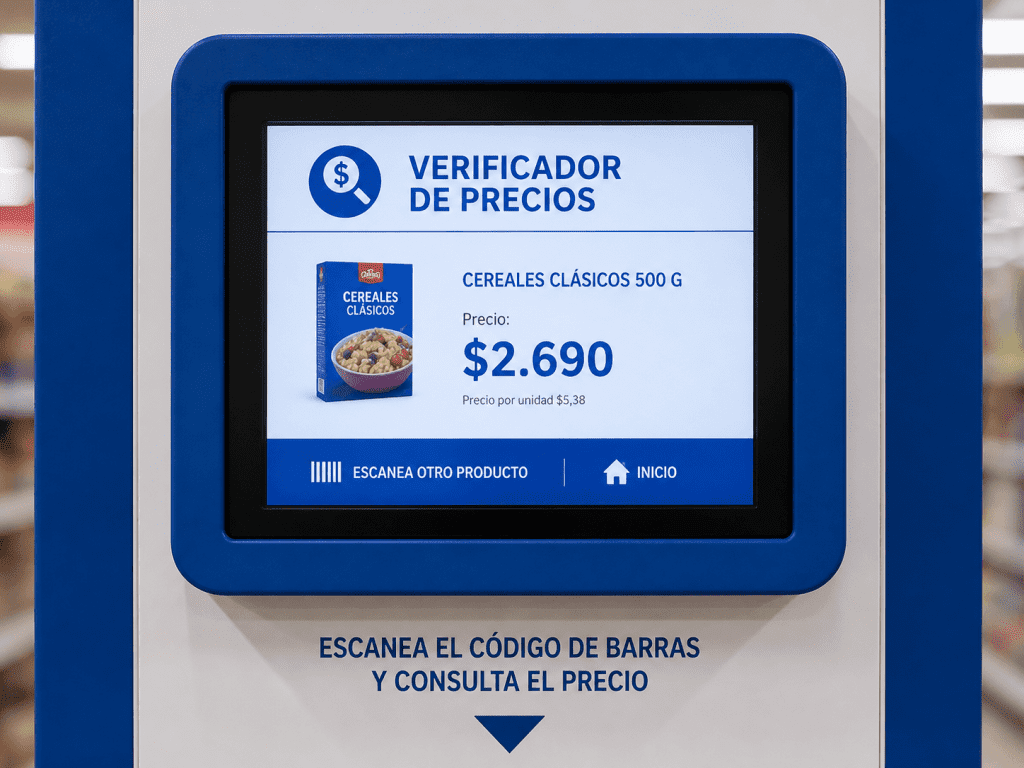Pantalla kiosco verificador de precios mostrando precio de producto